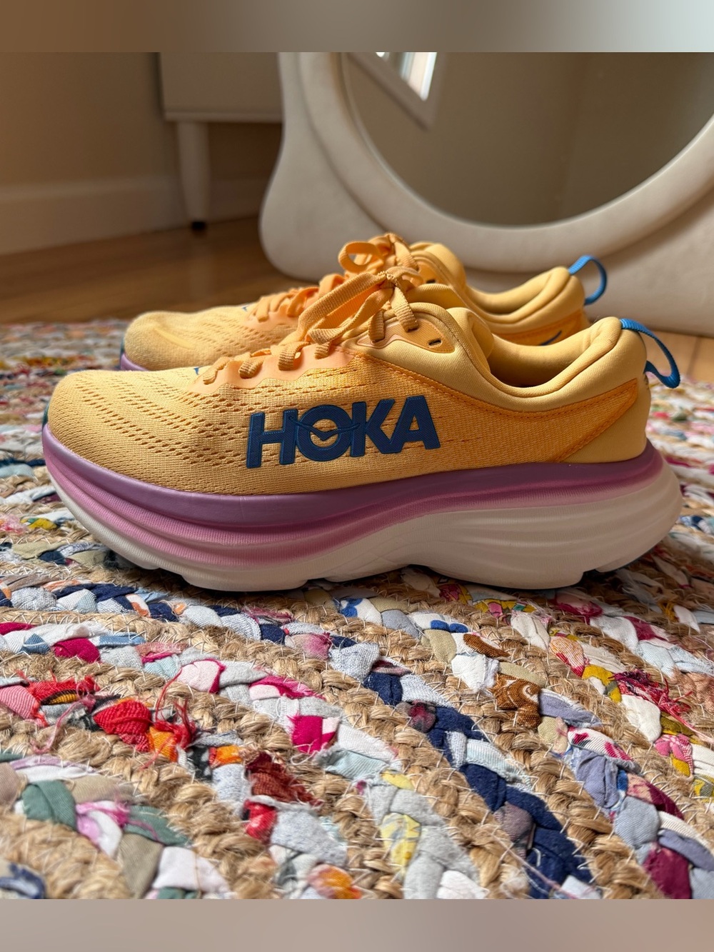 Hoka Womens Tangerine Orange Sneakers with Pink purple ombré & Blue Logo